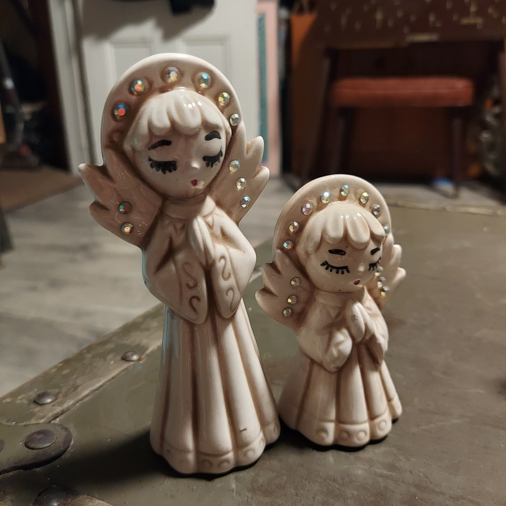 Vintage Mid Century Ceramic Praying Angel Figurines Rhinestone Halo Set of 2